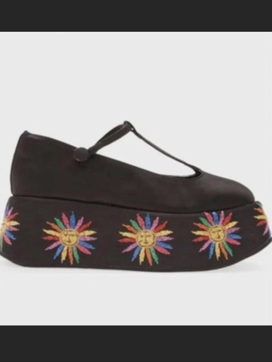 Black FARM Rio leather platform Mary Janes with colorful embroidered suns